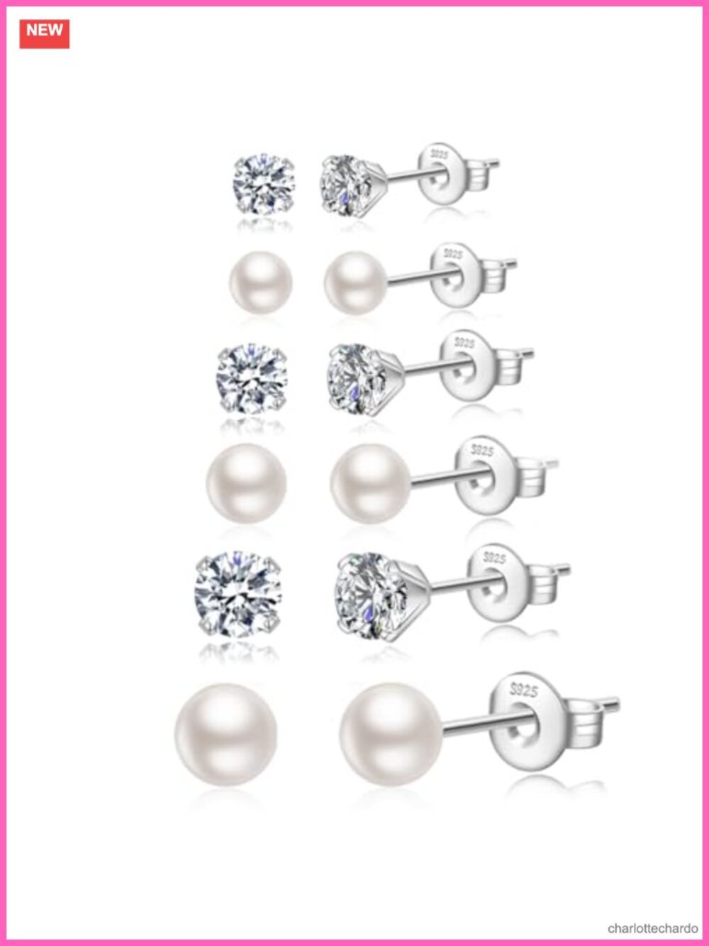 6 Pair Sterling Silver Stud Earrings Set Pearl CZ Hypoallergenic Gift